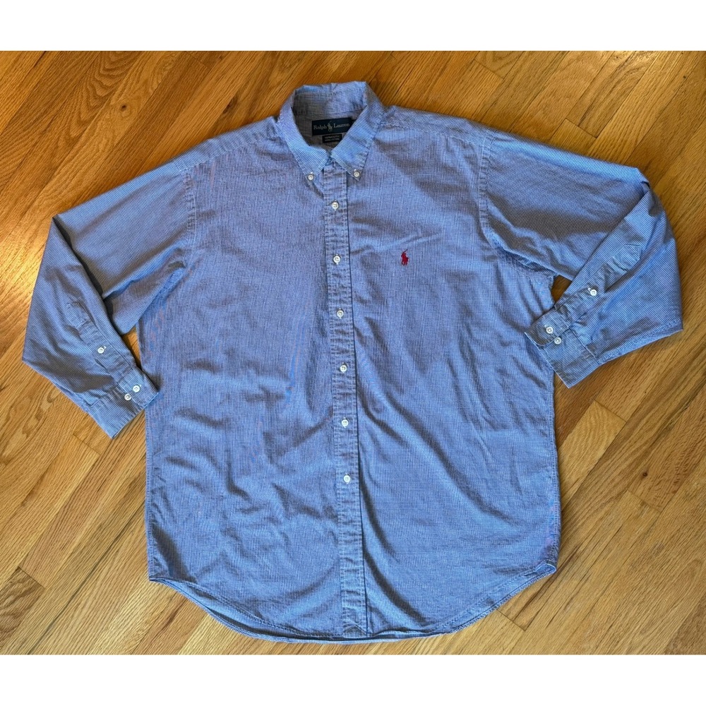 Ralph Lauren Yarmouth Mens 16.5 32/33 Blue Gingham Cotton Button Down Shirt